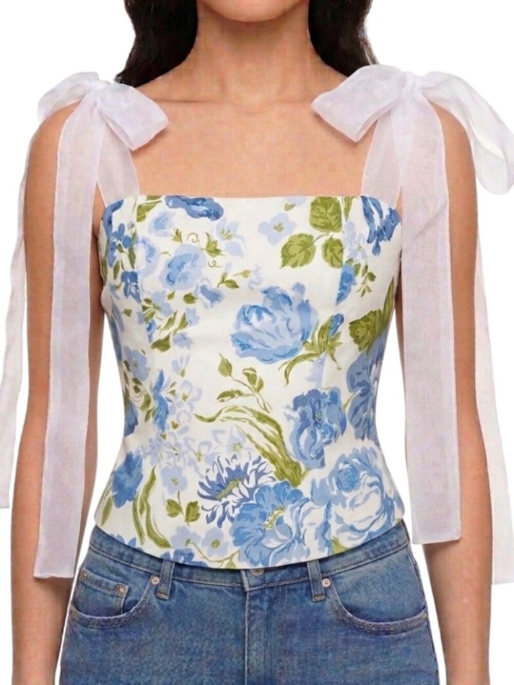 NWT Reformation Zoey Top Lucca Blue Floral Organza Tie Strap Corset Top 6